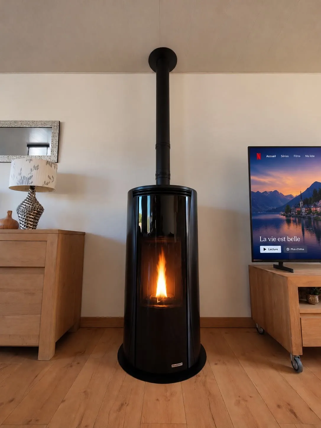Poêle à granulés étanche Palazzetti, installé par FK Énergie